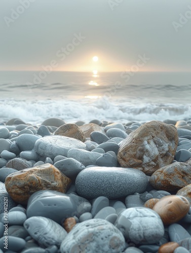 Smooth large boulders on a foggy beach, with a clear horizon and soft morning light. photo