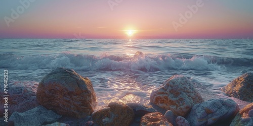Smooth granite rocks on a tranquil beach during sunset, framed by a pristine horizon and gentle, warm lighting. photo