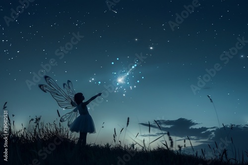 Fantasy image of a fairy in the night sky.
