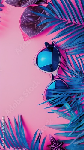 pink summer background concept summer music party with sunglasses and blue tropical leaves copy space. banner with space for text horizontal