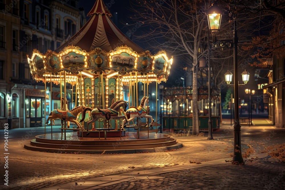 A carousel in a deserted town square at night, its presence a nostalgic reminder of joy