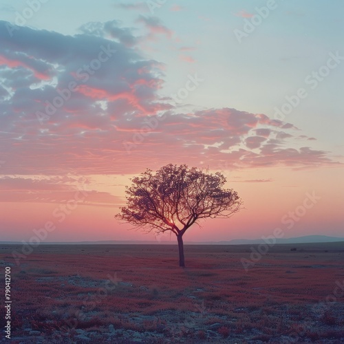 Vivid sunset over a sparse landscape with a single tree.