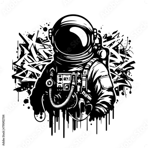 astronaut silhouette, people in graffiti tag, hip hop, street art typography illustration.