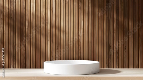 A white bowl sits on a wooden shelf. The bowl is empty and the shelf is made of wood