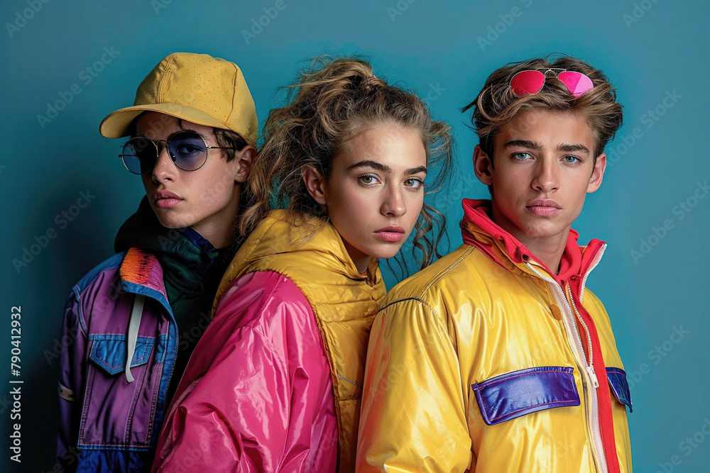 Three people wearing colorful jackets and hats pose for a photo Three people wearing colorful jackets and hats pose for a photo