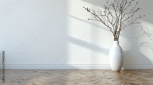 A white vase with a branch in it sits on a wooden floor. The vase is the only object in the room, and the space is empty. The vase and the branch create a sense of calm and serenity photo