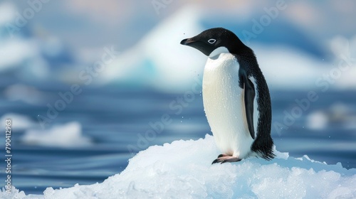 An Adelie penguin is perched on top of an ice floe photo