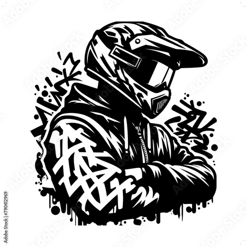 biker silhouette, people in graffiti tag, hip hop, street art typography illustration.