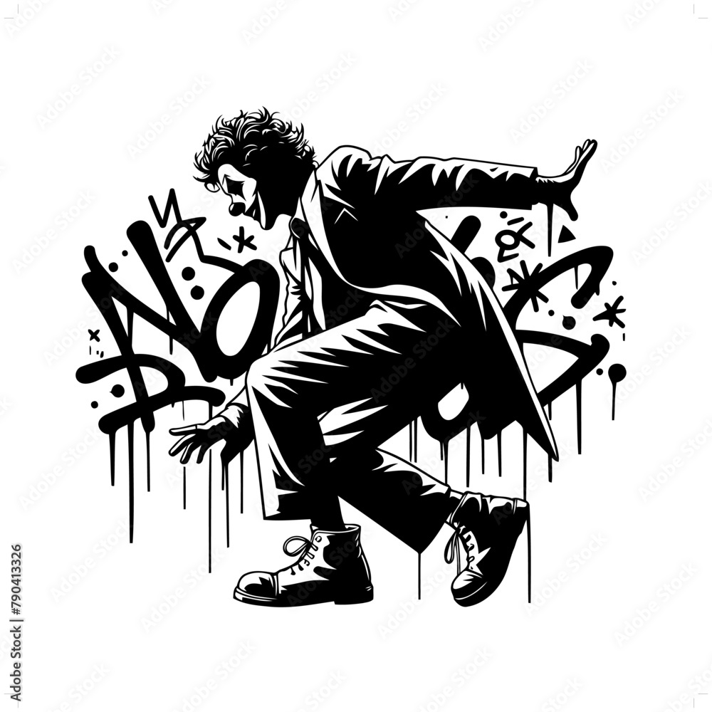 clow silhouette, people in graffiti tag, hip hop, street art typography illustration.