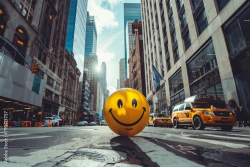 A yellow smiley face is planted by a skyscraper, next to a pumpkin and a tree