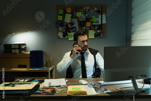 Fotografie Private investigator speaking on the phone amidst his case evidence in a dimly l