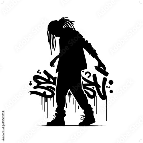 rasta; dreadlock silhouette, people in graffiti tag, hip hop, street art typography illustration.