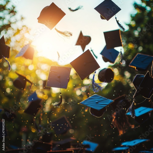 Black and blue graduation caps are flying in the air.
