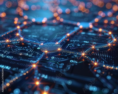 Circuit board with glowing orange lights