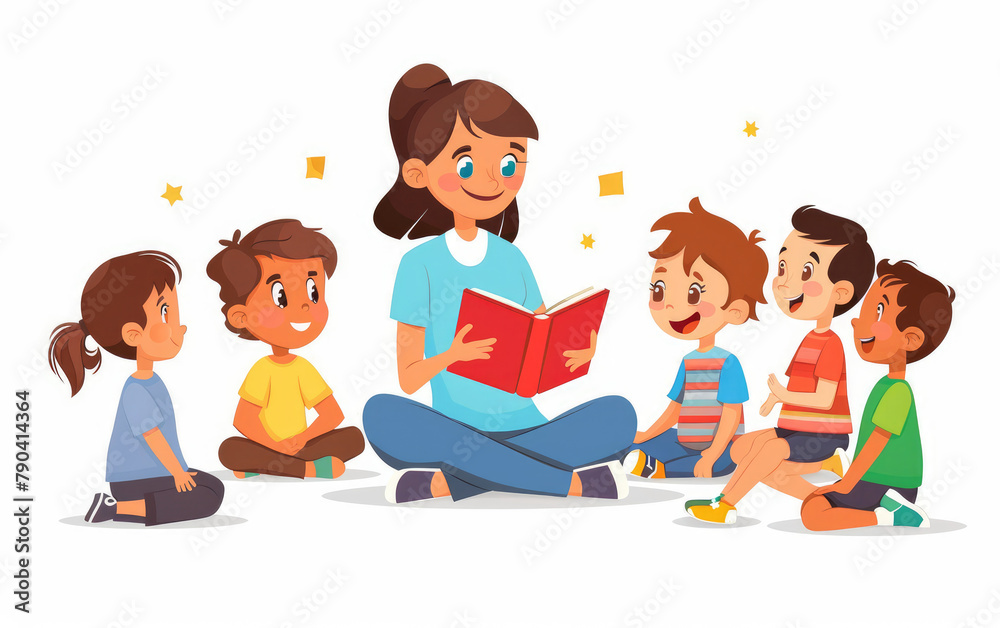 A teacher reading to her students, surrounded by happy children.