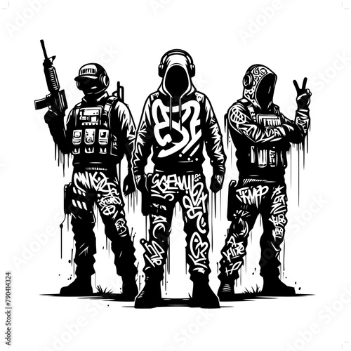 gamer; vr silhouette, people in graffiti tag, hip hop, street art typography illustration.
