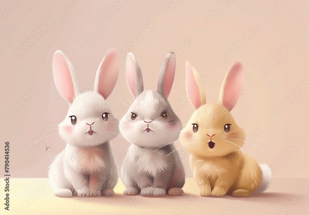 Cute bunnies: adorable bunny art featuring chubby cheeks, expressive eyes. Easter-themed content