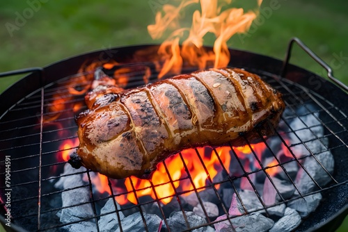 Grilling pork over hot coals, a barbecue favorite