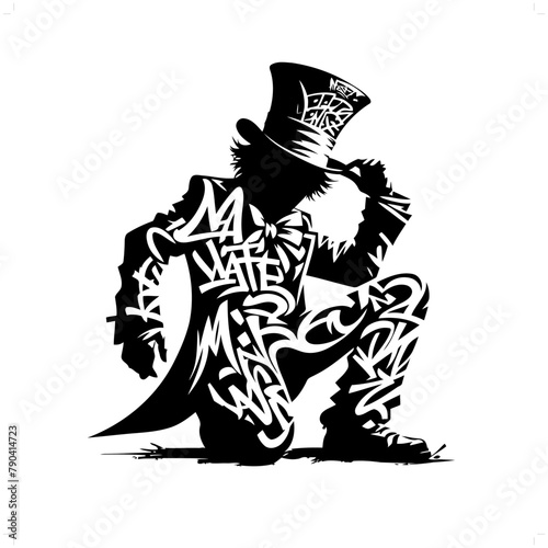 mad hatter silhouette, people in graffiti tag, hip hop, street art typography illustration.