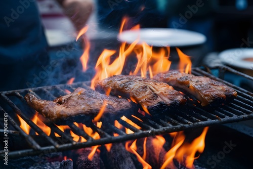 Fried pork ribs grilling on open flame, flavorful street food photo