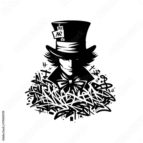 mad hatter silhouette, people in graffiti tag, hip hop, street art typography illustration.