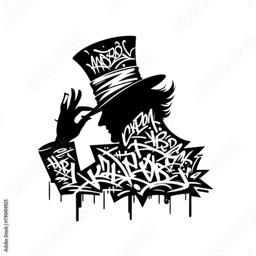 mad hatter silhouette, people in graffiti tag, hip hop, street art typography illustration.