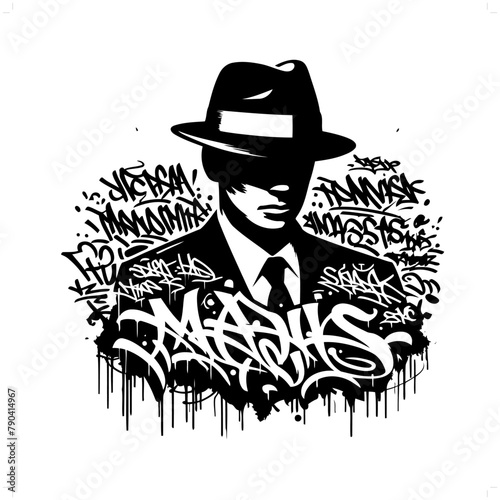 mafia; gangster silhouette, people in graffiti tag, hip hop, street art typography illustration.