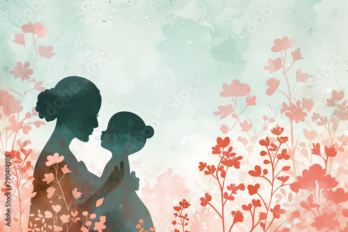Mother and child silhouette in field of flowers