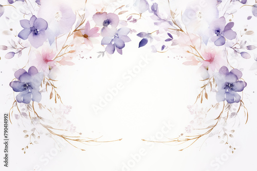 Watercolor painting of purple flowers on white background. Copy space