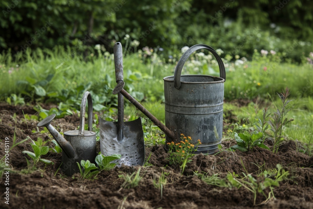 Agricultural implements, watering cans, shovels, for farm work Agricultural implements, watering cans, shovels, for farm work