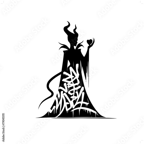  witch queen silhouette, people in graffiti tag, hip hop, street art typography illustration.