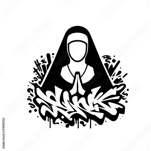 nun silhouette, people in graffiti tag, hip hop, street art typography illustration.