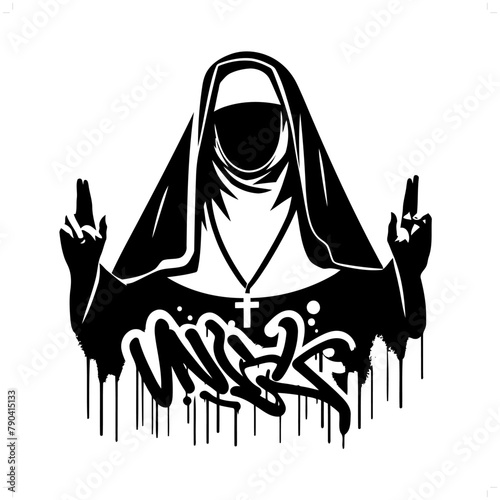 nun silhouette, people in graffiti tag, hip hop, street art typography illustration.