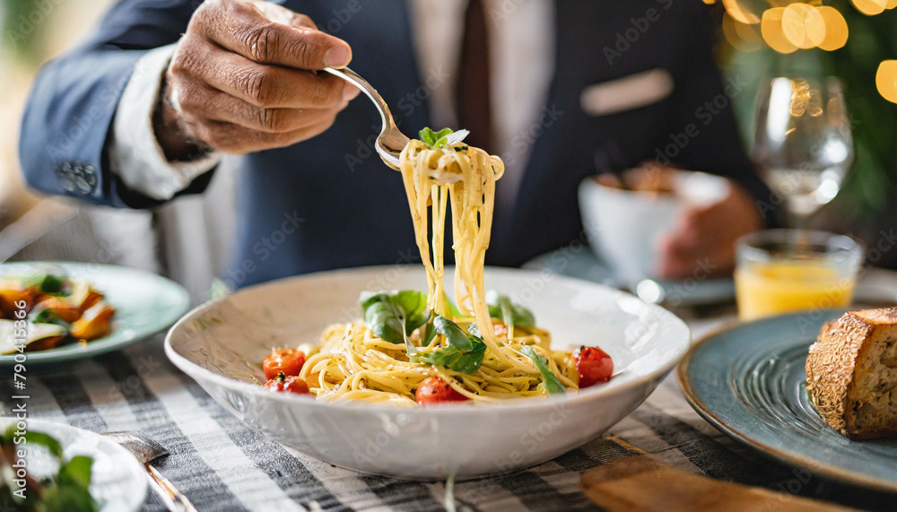 man's hand gracefully serving pasta on dining table man's hand gracefully serving pasta on dining table