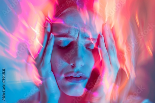 The woman holds her head in pain with a purple glow surrounding her photo