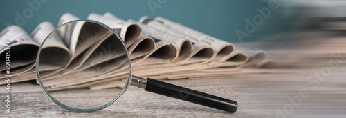 A magnifying glass and newspapers stacked on a wooden table on a blue background photo