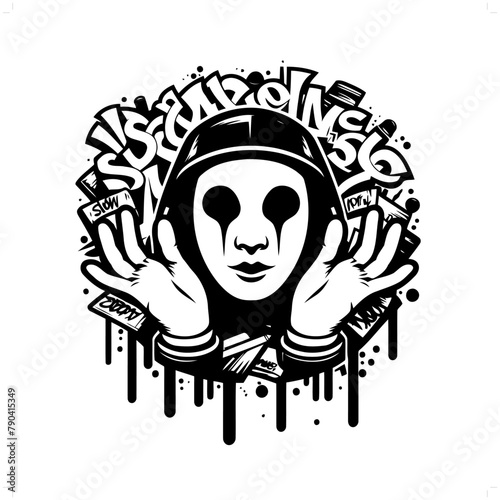 pantomim; jester silhouette, people in graffiti tag, hip hop, street art typography illustration.