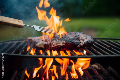 Meat cooking over open flame, perfect for a barbecue photo