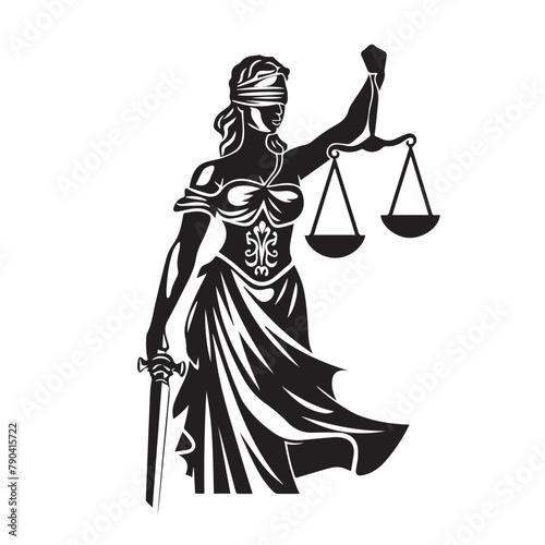 Lady justice in cartoon, doodle style . Image for t-shirt, web, mobile apps and ui. Isolated 2d vector illustration in logo, icon, sketch style, Eps 10, black and white. AI Generative