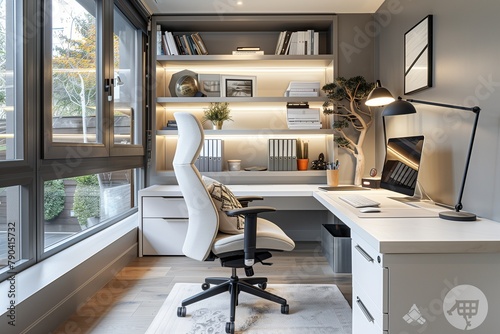 Minimalist and chic basement office space with a clean  white desk  ergonomic chair  and open shelving for organization.