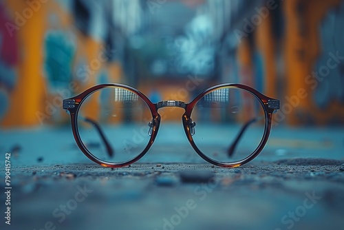 Eyewear accessory, round glasses in orange font resting on ground
