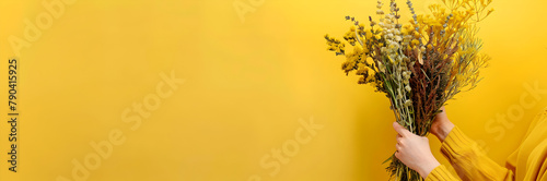 Herbalist with dried herbs web banner. Herbalist showcasing bunch of dried herbs on yellow background with copy space.