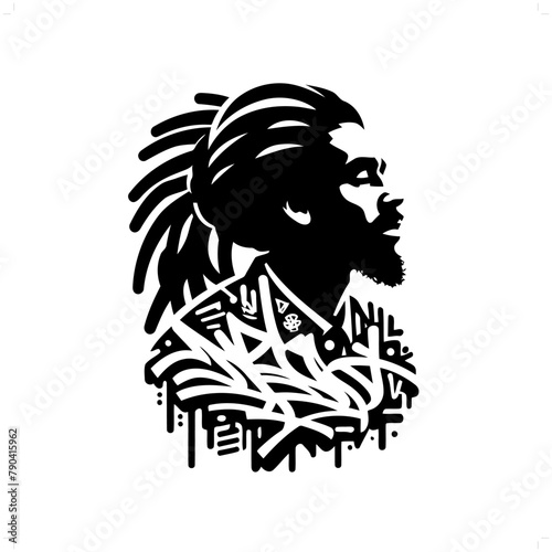rasta; dreadlock silhouette, people in graffiti tag, hip hop, street art typography illustration.