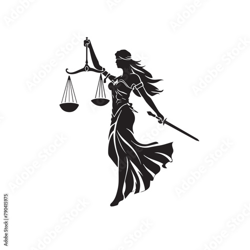 Lady justice in cartoon, doodle style . Image for t-shirt, web, mobile apps and ui. Isolated 2d vector illustration in logo, icon, sketch style, Eps 10, black and white. AI Generative © Alexey