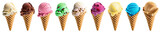 set of ice cream cones, different flavours: vanilla, chocolate, mint, strawberry, cookies, berries, mango