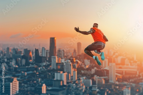 A happy man jumps in the sky over skyscrapers in a city at sunset photo