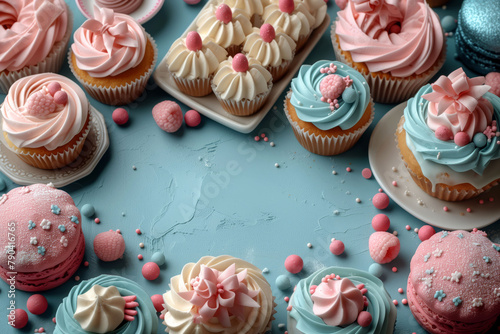 Cupcakes with swirls of frosting and various decorations meticulously placed around a central blank space on a blue surface