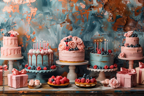 Cupcakes and Elegant Cakes on Wooden Shelves with a Vivid Blue Artistic Backdrop