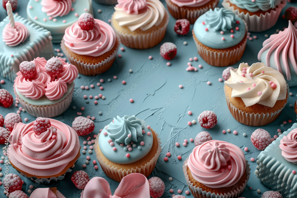Artful Arrangement of Frosted Cupcakes Adorned with Raspberries and Sweet Pearls on a Textured Blue Surface