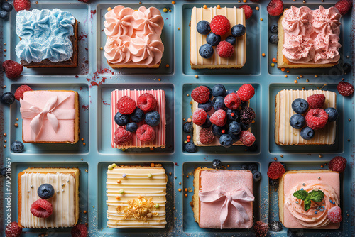 A colorful array of mini cakes garnished with fresh berries and decorative sprinkles presented on blue trays